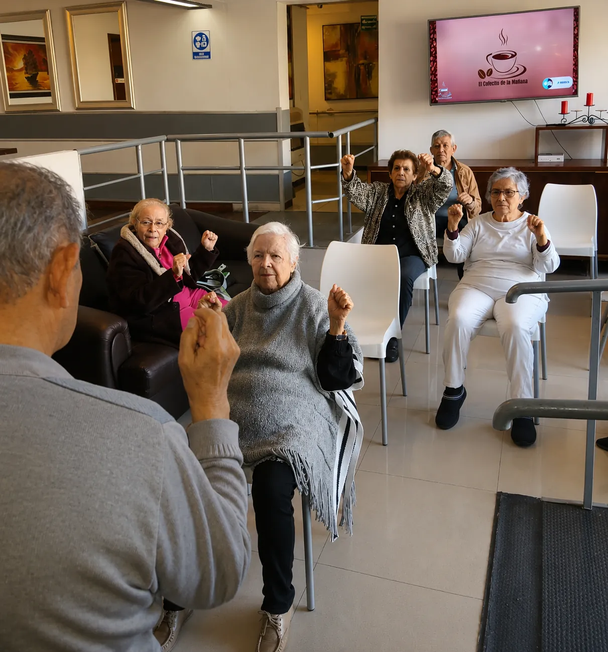 Convivencia de adultos mayores en la sala de Los Geranios, residencia en Chihuahua