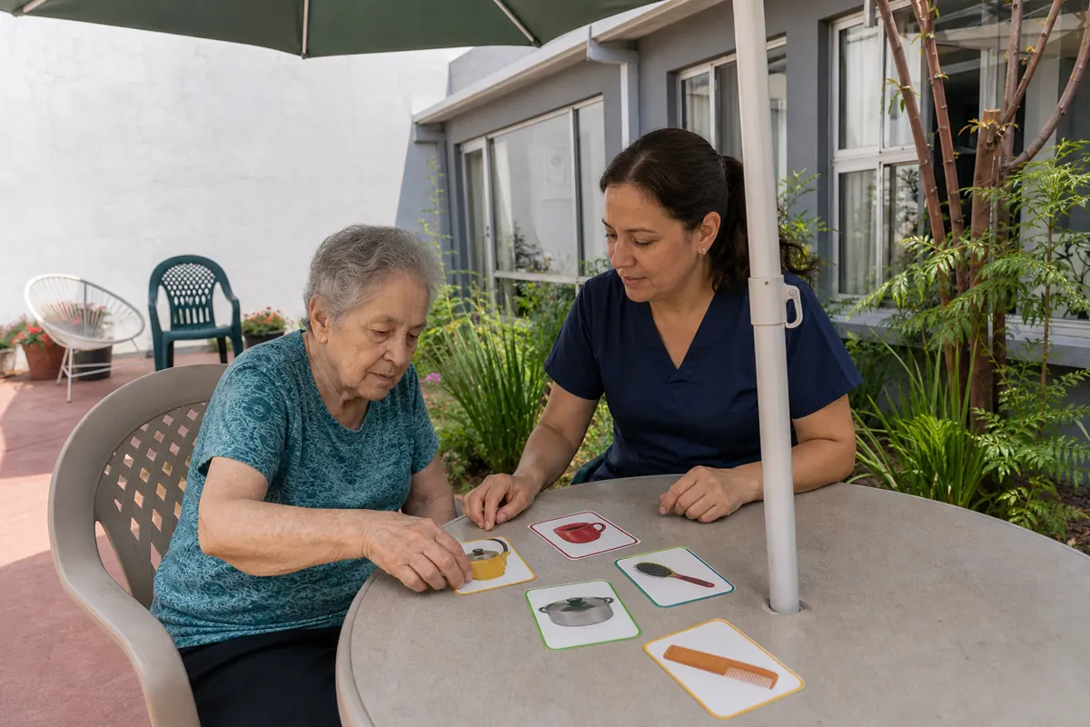 Cuidadora acompañando una actividad de estimulación cognitiva para adulta mayor en Chihuahua